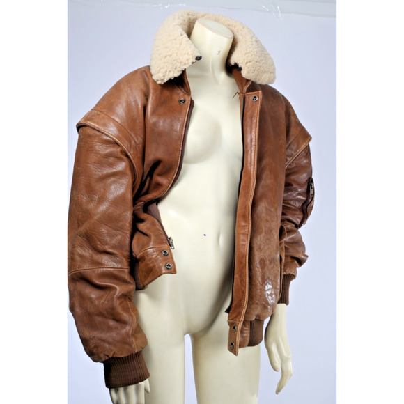 Vintage Midway Brown Leather Zipper Bomber Jacket Size 40 Sheep Shearling Collar - Picture 16 of 16